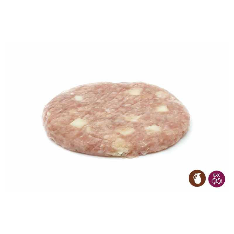 Hamburguesa pollo y queso, cada unidad pesa aprox. 125gr