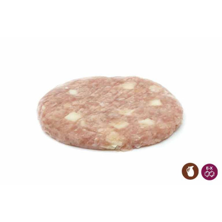 Hamburguesa pollo y queso, cada unidad pesa aprox. 125gr